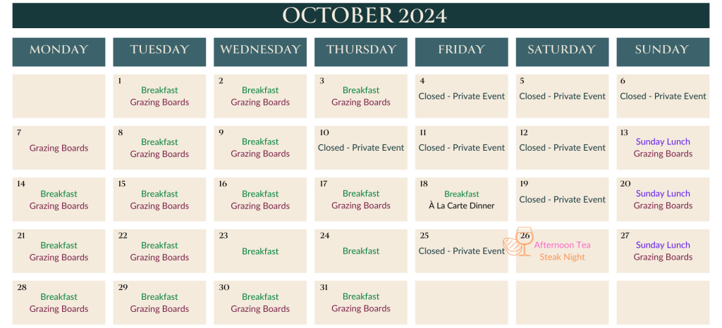 October 2024 Calendar - Afternoon Tea, Steak Night and Sunday Lunch