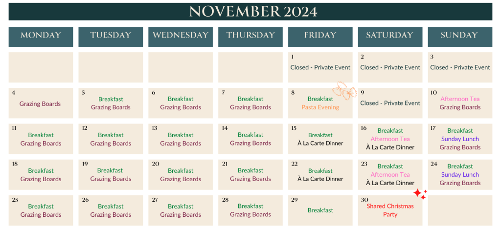 November 2024 Calendar - A La Carte, Pasta Evening, Sunday Lunch