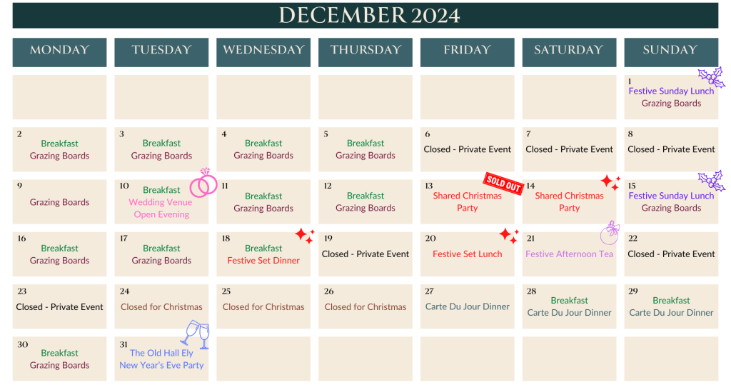 December 2024 restaurant calendar, The Orangery